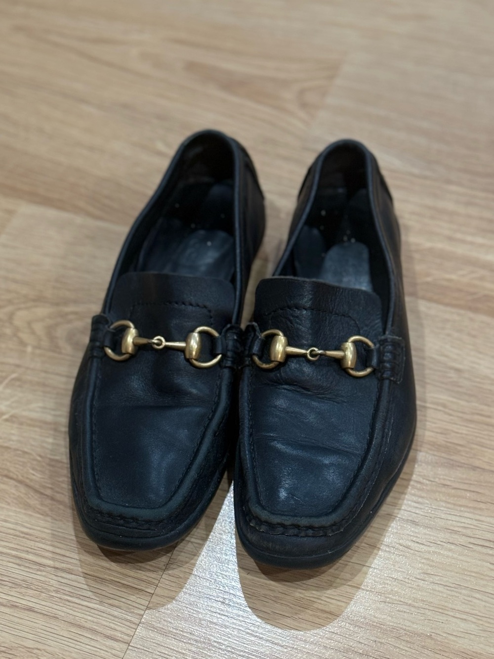Gucci Black Leather Horsebit Loafers Size 5B Gold Bit Slip On Shoes